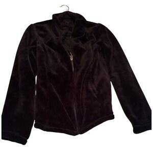 Womens Black Plush Fleece Full Zip Jacket Mock Neck Soft Warm Layering Coat